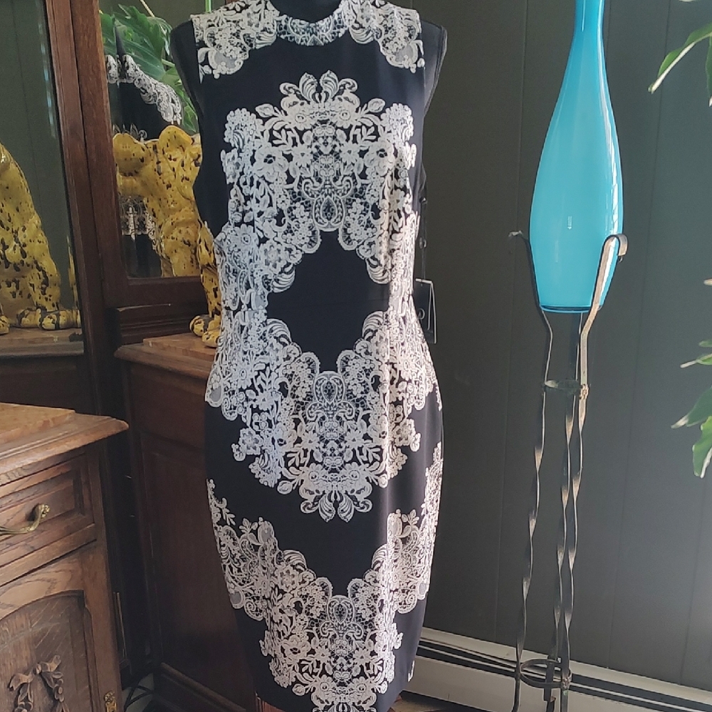 Adrianna Papell Black and White Lace Midi Dress